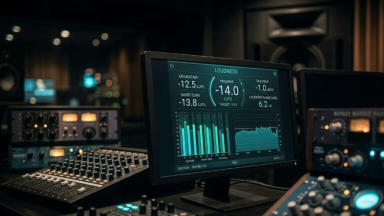 Écran de studio affichant un analyseur LUFS avec valeurs -14 LUFS intégré, matériel de mastering audio professionnel en arrière-plan