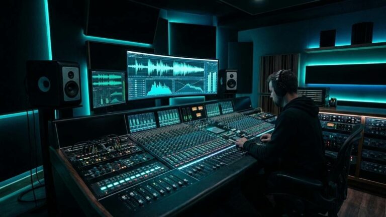 Studio de mastering professionnel avec console de mixage et éclairage cyan — mastering IA vs mastering humain