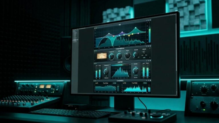 Chaîne de plugins mastering gratuits sur écran de studio professionnel — EQ, compresseur, limiteur et analyseur LUFS