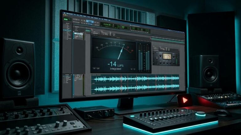 Session de mastering affichant –14 LUFS intégré sur un analyseur de loudness, optimisée pour YouTube