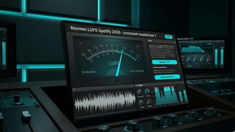 Analyseur LUFS affichant –14 LUFS intégré sur une session de mastering calibrée pour Spotify