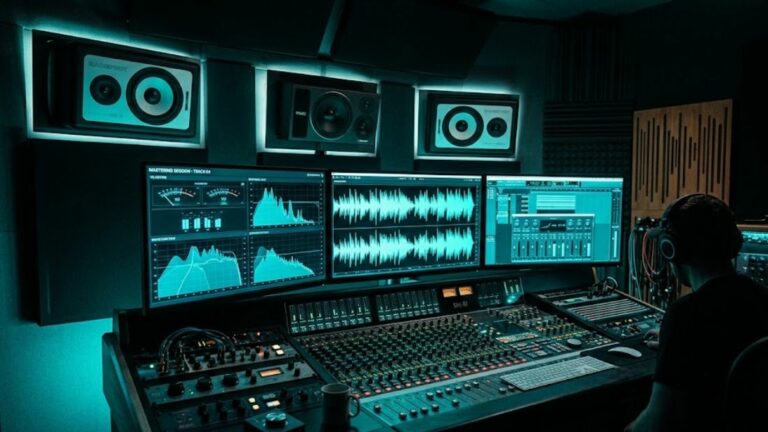Interface de mastering audio en ligne avec waveformes cyan sur fond noir, studio professionnel, éclairage dramatique